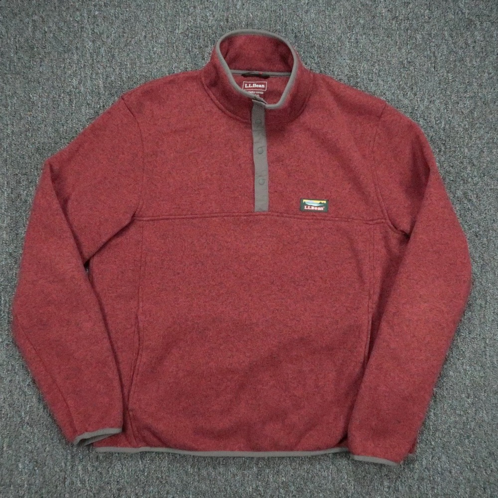 LL Bean Sweater Mens Large Red Fleece Pullover Snap Outdoor Heather